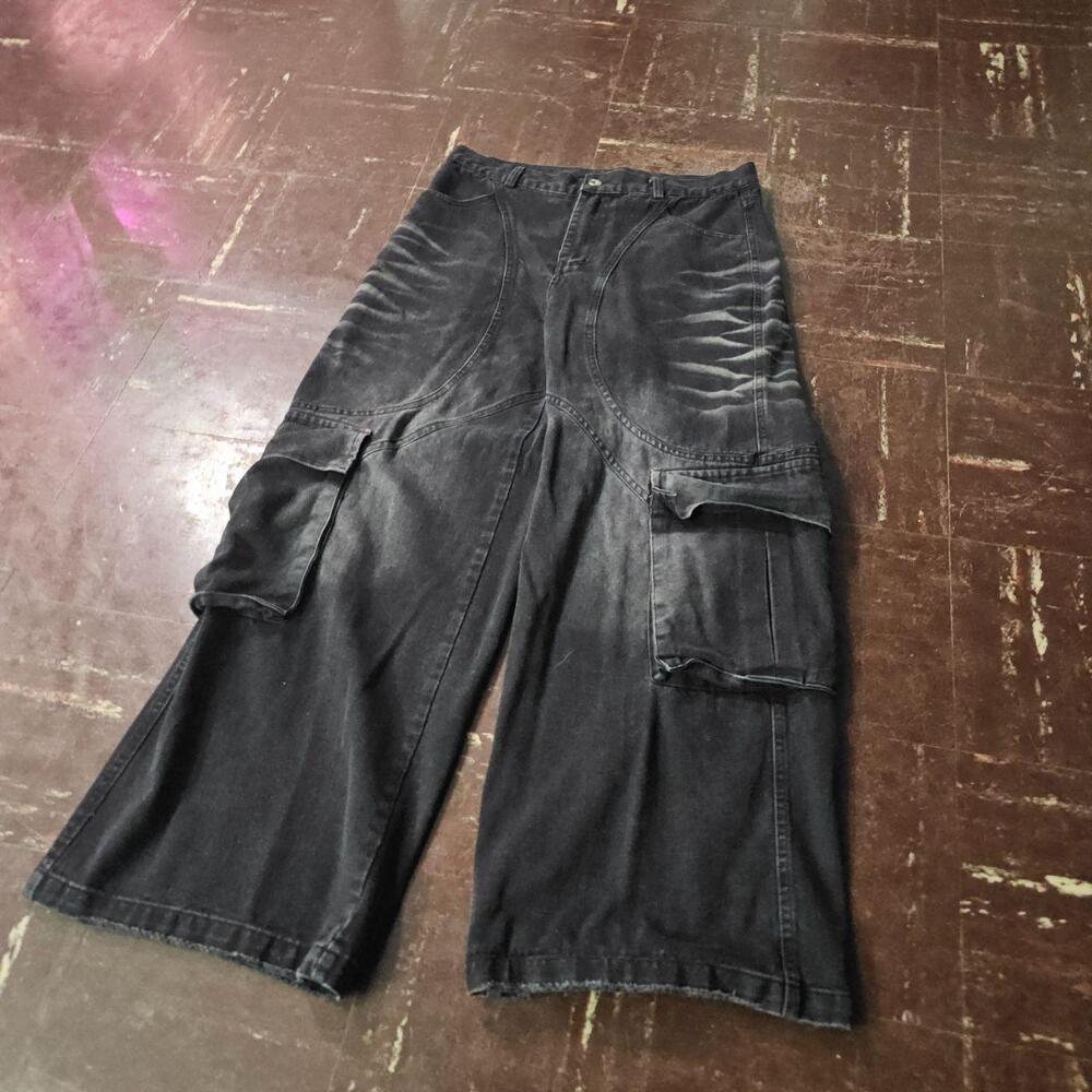 Baggy Cargo Pants y2k Grunge Wide Leg Washed Raw Hem Black (32W) ✨